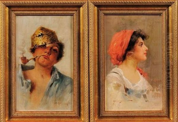 Portrait D'une Gitane (+ Portrait D'un Fumeur De Pipe; Pair) Oil Painting by Mariano Fortuny Y Madrazo