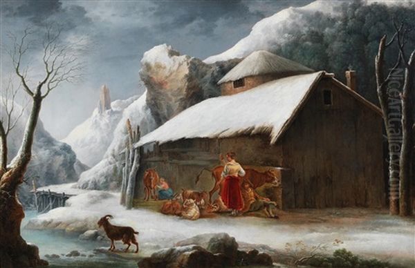 A Winter Landscape With Peasants And Their Live Stock Oil Painting by Francesco Foschi