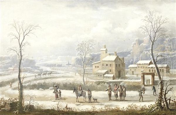 Figures In A Winter Landscape, Before A Village Oil Painting by Francesco Foschi