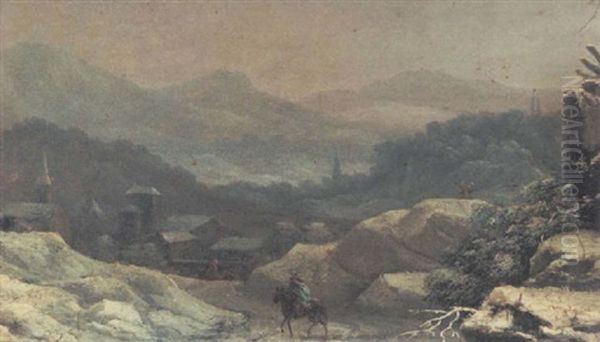 A Winter Landscape With Horse And Rider On A Track Oil Painting by Francesco Foschi