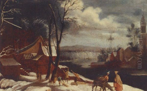 A Winter River Landscape With A Traveller, Donkey And Faggot Gatherers On A Track Oil Painting by Francesco Foschi