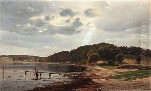 Gravejrsdag - Fra Damgards Strand Ved Lille Belt (coastal Scene From Damgard Beach, Denmark) Oil Painting by Harald Frederick Foss