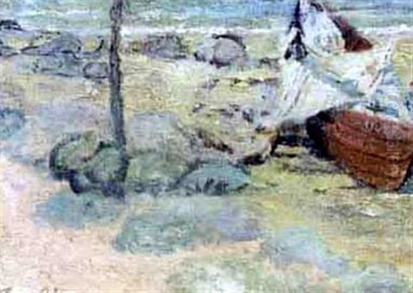 Beach Scene With A Red Canoe Oil Painting by Julio Eduardo Fossa-Calderon