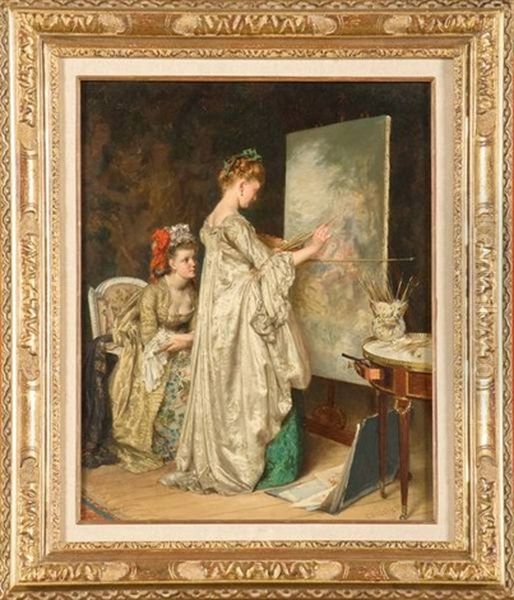 La Peintre Et Son Modele Dans L'atelier Oil Painting by Charles Alexandre Coessin de la Fosse