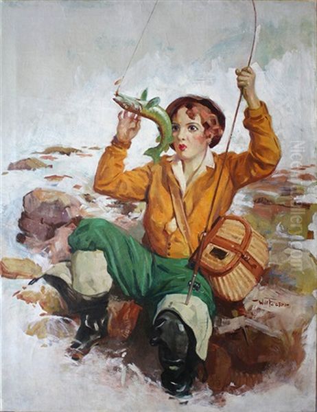 Woman Trying To Unhook A Fish (magazine Cover Illus.) Oil Painting by William Frederick Foster
