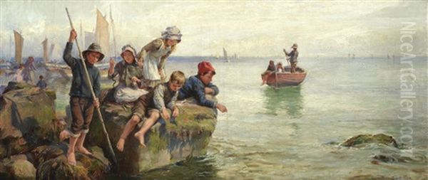 Children Fishing Off The Quay Oil Painting by William Gilbert Foster