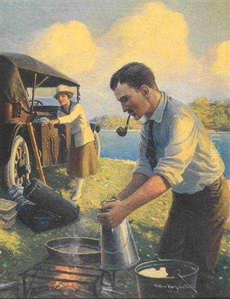 Couple At Lakeside Campsite Oil Painting by William Harnden Foster