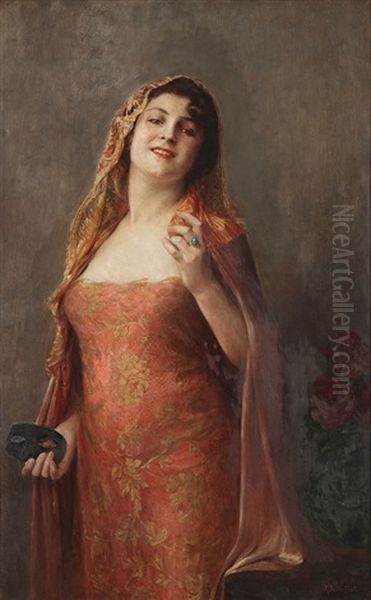 Woman With Mask Oil Painting by Achille (Georges) Fould