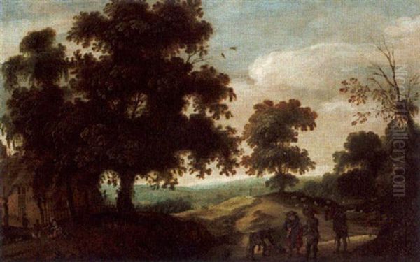 A Wooded Landscape With Sportsmen On A Path Near A Farm Oil Painting by Jacques Fouquieres