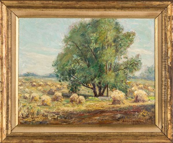 Landscape With Haystacks Oil Painting by Alexis Fournier