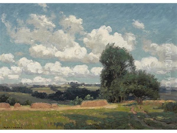 Haystacks And Trees Under Scattered Clouds Oil Painting by Alexis Fournier