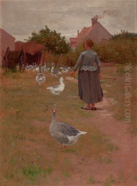 French Woman Feeding Her Geese Oil Painting by Alexis Fournier