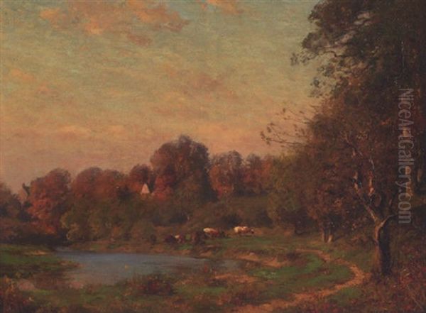 Cattle In A Landscape Oil Painting by Alexis Fournier