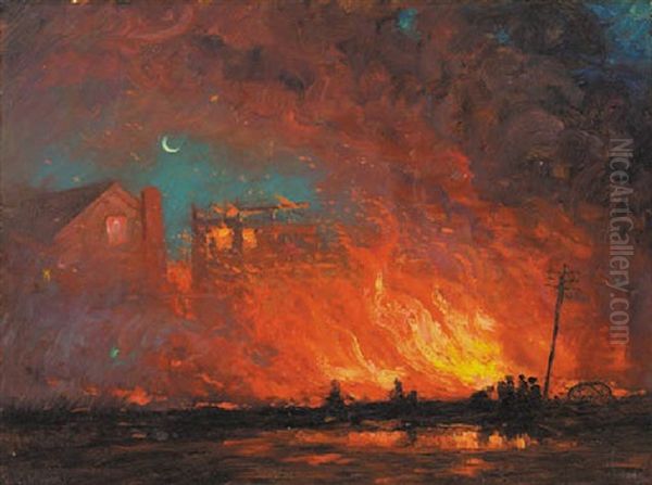 Raging Fire, Night Oil Painting by Alexis Fournier