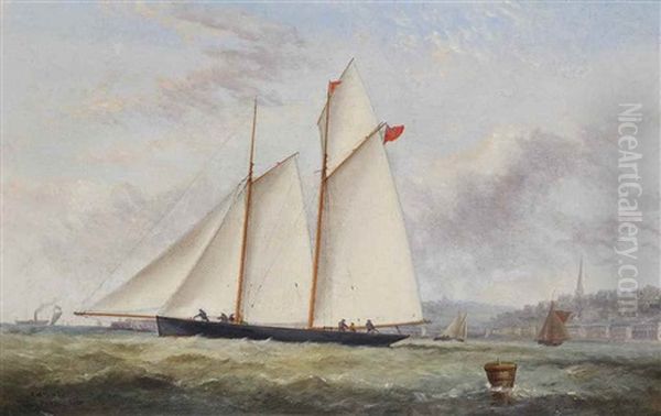 A Racing Schooner Heading Out Into The Tide Off Ryde Oil Painting by Arthur Wellington Fowles