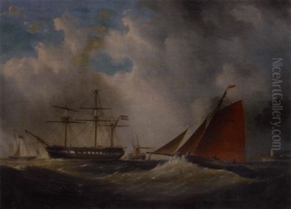 A Cutter And Man O' War In A Harbour Entrance Oil Painting by Arthur Wellington Fowles