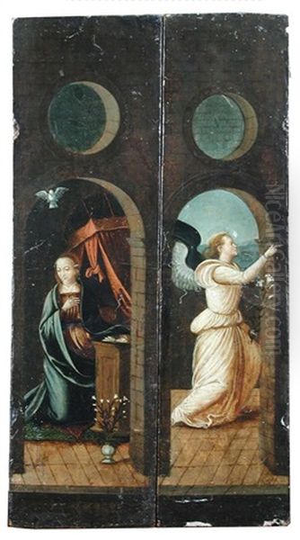 A Skull Placed On Top Of A Chest Over An Inscription (recto); Annunciate Angel On One Side And The Kneeling Virgin Within The Other... (opened Panels) Oil Painting by Fra Bartolommeo della Porta