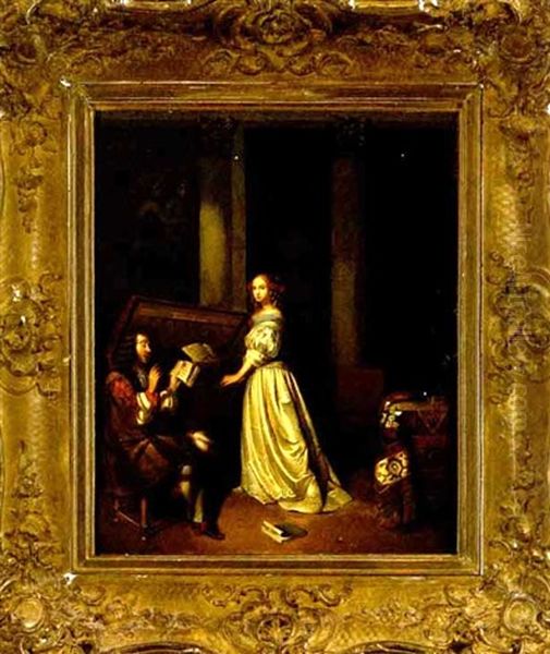 Interior Scene Depicting A Shakespearean Man Reciting Poetry To A Lady Oil Painting by Henri Jean Baptiste Fradelle