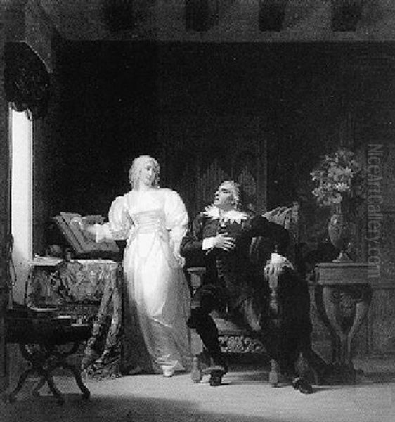 Interior Scene Of A Shakespearian Man Reciting Poetry To A Lady Oil Painting by Henri Jean Baptiste Fradelle