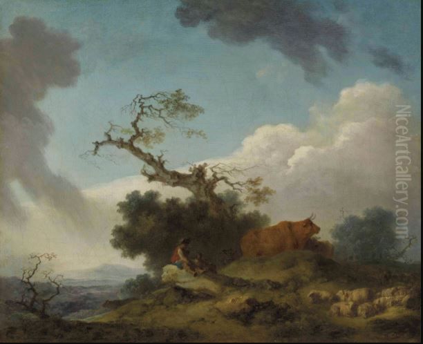A Shepherd And Herdsman Seated On A Rock With Cows And Sheep, A Landscape Beyond Oil Painting by Jean-Honore Fragonard