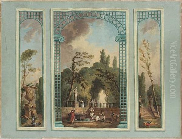 A Tromp L'oeil Showing Figures By A Fountain Oil Painting by Jean-Honore Fragonard