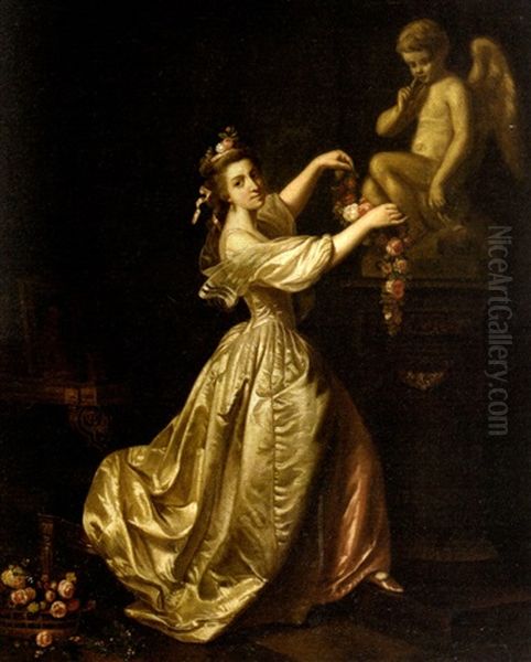 Femme Parant L'amour De Guirlandes Oil Painting by Jean-Honore Fragonard