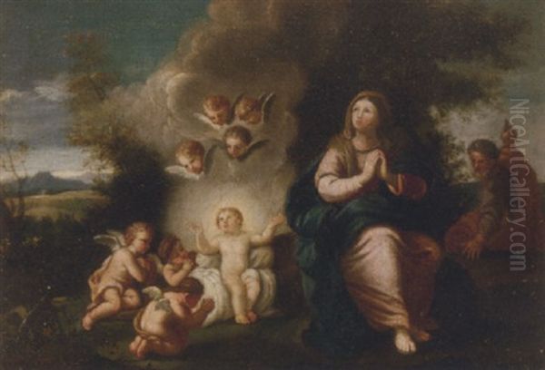 The Holy Family With The Infant Christ Being Adored By Putti Oil Painting by Marc Antonio Franceschini