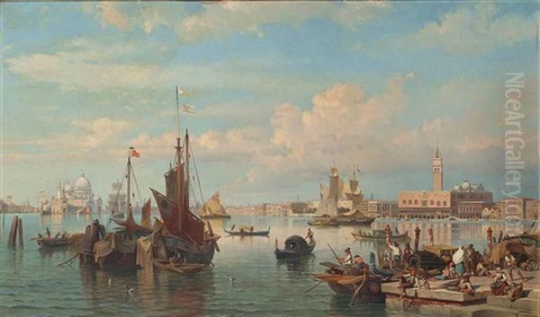 Figures On The Quay Before The Entrance To The Grand Canal Oil Painting by Alexandre Thomas Francia