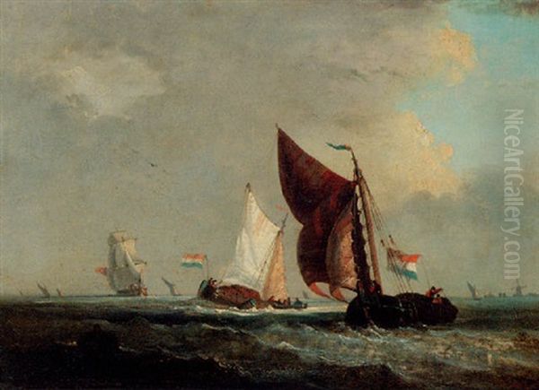 Barges And Other Shipping Off The Dutch Coast Oil Painting by Francois Louis Thomas Francia