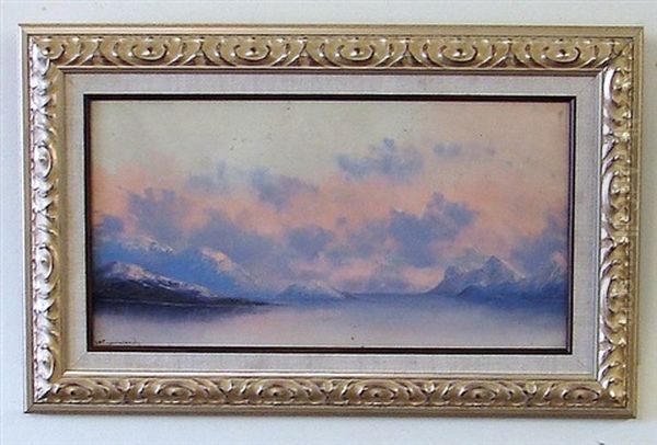 Lake Scene Against Snow Capped Mountains Oil Painting by S. M. Franciscovich