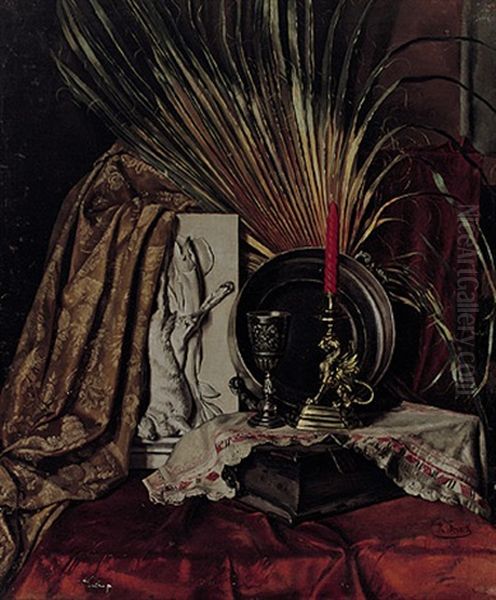 Stilleben. Palmblatt, Zinnschale, Kerzenleuchter, Drapierter Stoff Und Alabasterreliefs Mit Fisch Und Hase Oil Painting by Philipp Franck