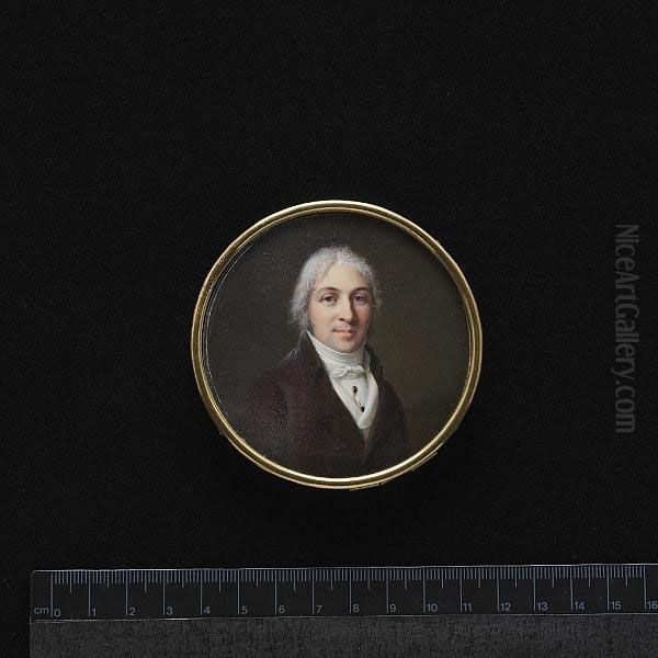 A Gentleman, Wearing Brown Coat, White Waistcoat, Chemise Held With Jewelled Stickpin And Tied White Stock, His Hair Powdered. Oil Painting by Jacques-Jean- Baptiste Augustin