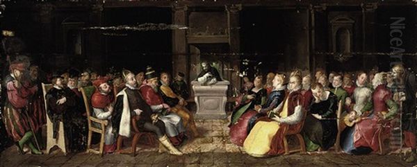 A Vanitas: A Capriccio Of A Dominican Preaching To The Emperor Charles V, King Philip Ii Of Spain, A Pope And Their Brilliantly Attired Entrouages Oil Painting by Hieronymus I Francken