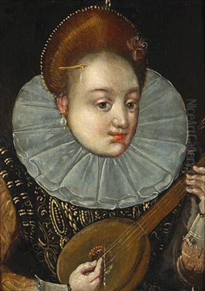 A Portrait Of A Noblewoman Playing A Lute (+ 3 Others; 4 Works) Oil Painting by Hieronymus I Francken