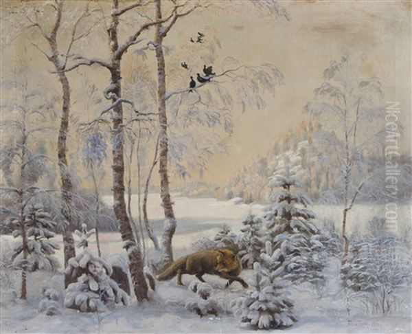 Fox In A Wintry Landscape Oil Painting by Felix Frang-Pahlama