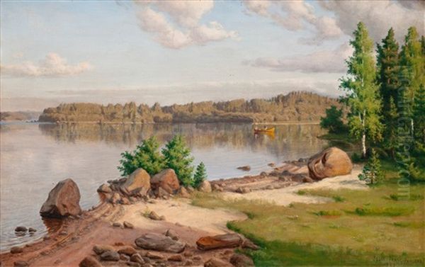 Row-boat On A Still Lake Oil Painting by Felix Frang-Pahlama