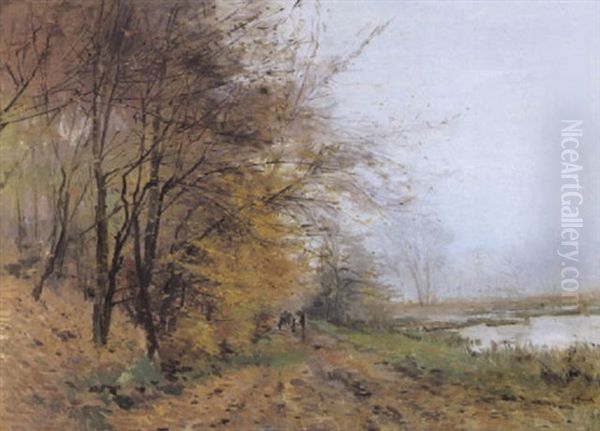 Herfstzicht Met Gespan Langs De Vijvers Van Het Roklooster Te Oudergem Oil Painting by Lucien Frank