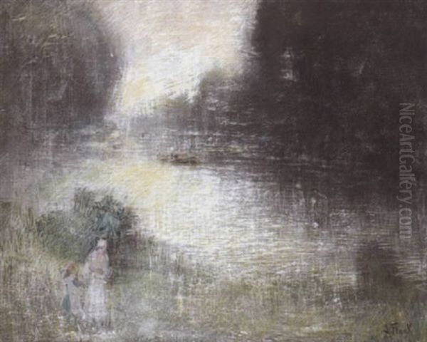 Elegante Et Sa Fille Au Bord Du Canal Oil Painting by Lucien Frank