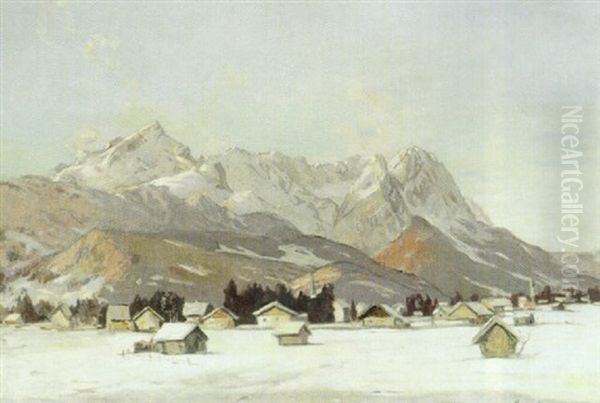 Verschneite Winterlandschaft Mit Kirchdorf Und Aufragendem Massiv Oil Painting by Clemens Fraenkel