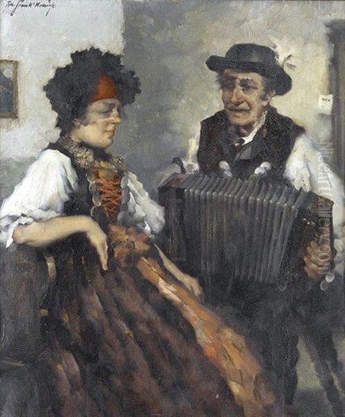 Interieur Mit Akkordeonspieler Und Trachtenfrau Oil Painting by Robert Frank-Krauss