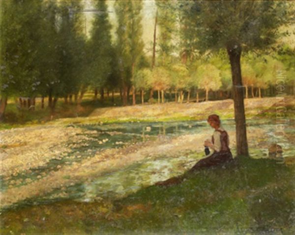 Parklandskap Med Kvinna Vid Damm Oil Painting by Jose Frappa