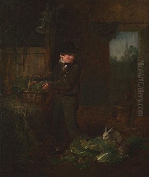 Boy Feeding Rabbits Oil Painting by Alexander Fraser the Elder