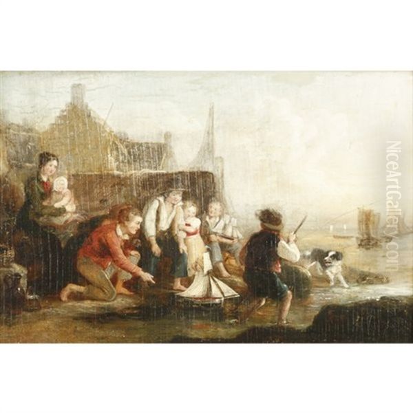 Children Playing With Toy Sailboat Oil Painting by John Fraser