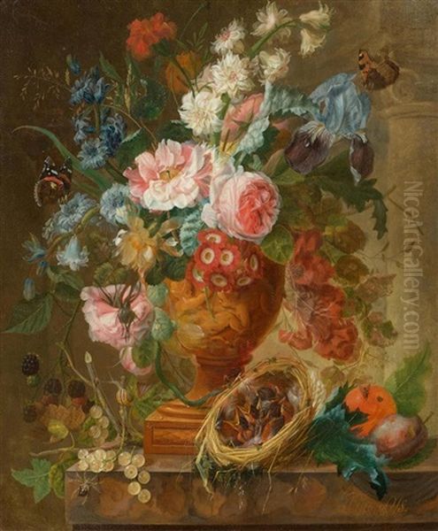 Blumenstillleben Mit Vogelnest Oil Painting by Johannes Hendrik Fredriks