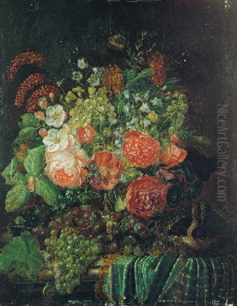 Nature Morte Au Bouquet De Fleurs, Raisins Et Nid D'oiseau Sur Un Entablement Oil Painting by Johannes Hendrik Fredriks