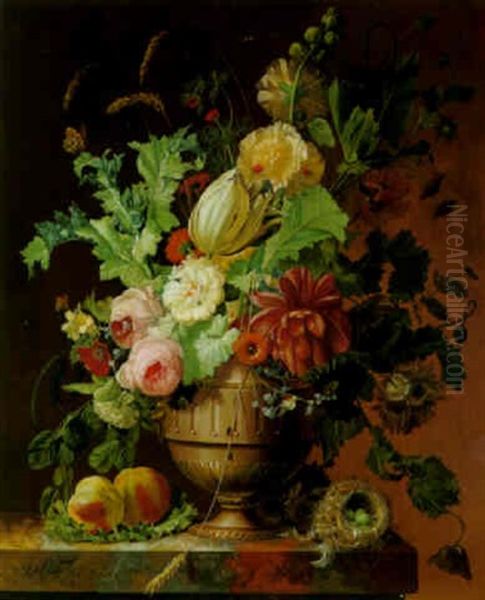 Roses, Tulip, A Peony And Other Flowers On A Marble Pedestal Oil Painting by Johannes Hendrik Fredriks