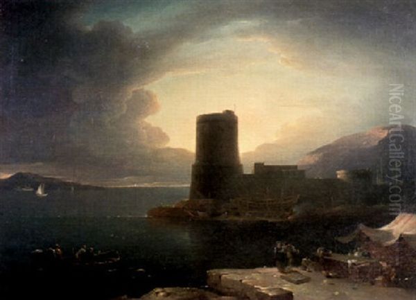 A Mediterranean Harbour With Fishermen Approaching A Martello Tower And Other Figures In Conversation On A Quay Oil Painting by Robert Freebairn