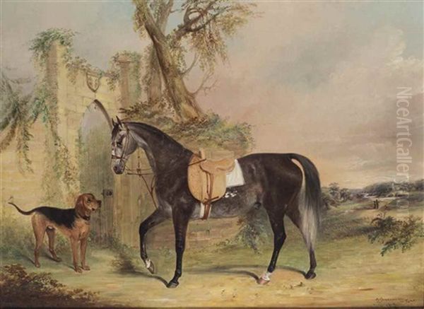 Hunter Selle Et Chien De Chasse Devant Des Ruines Dans Un Paysage Avec Des Figures Et Une Eglise A L'arriere-plan Oil Painting by James Freeman