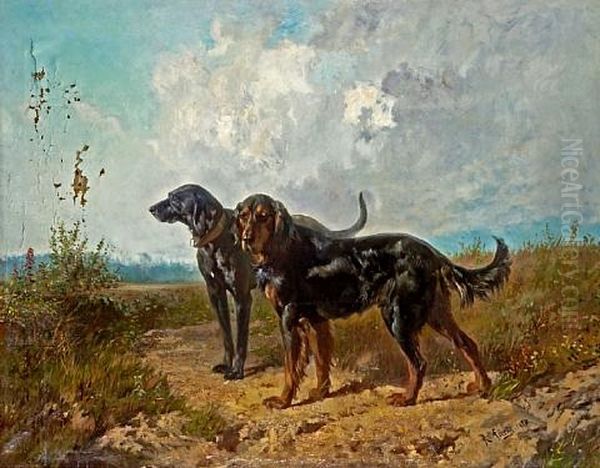 Two Retrievers In A Landscape Oil Painting by Rudolf Feodorovich Frentz
