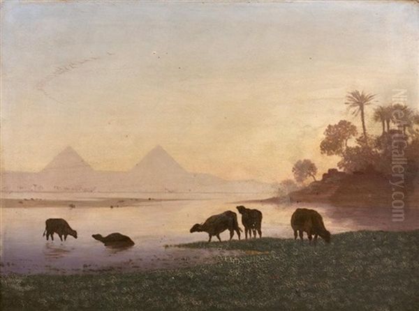 Vaches S'abreuvant Dans Le Nil Au Pied Des Pyramides Oil Painting by Charles Theodore Frere